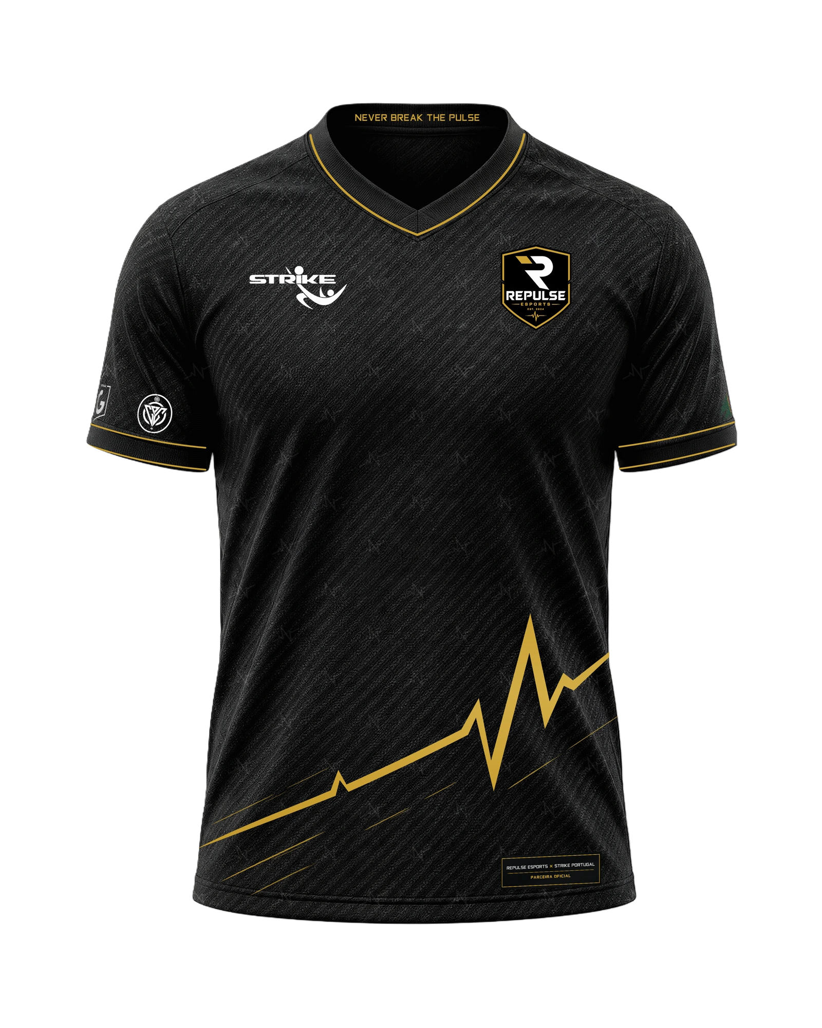 Camisola oficial da REPULSE ESPORTS, preta com linha de pulso dourada